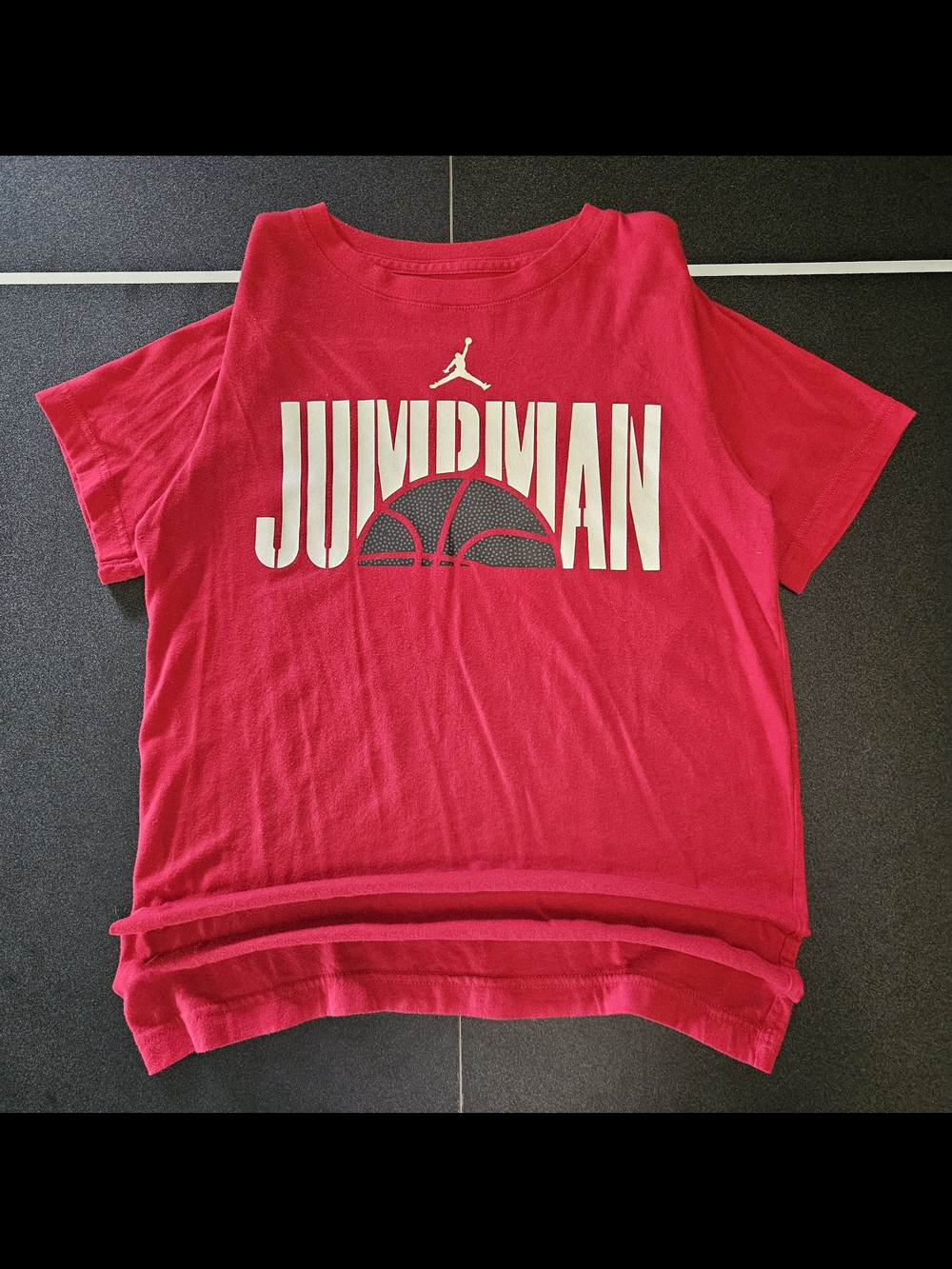 Jordan Red Short Sleeve Tee with White Jumpman Text and Black Basketball Graphic
